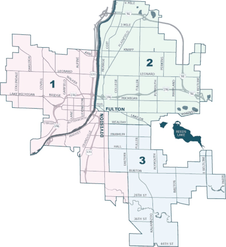 A map showing the three wards Grand Rapids is divided into