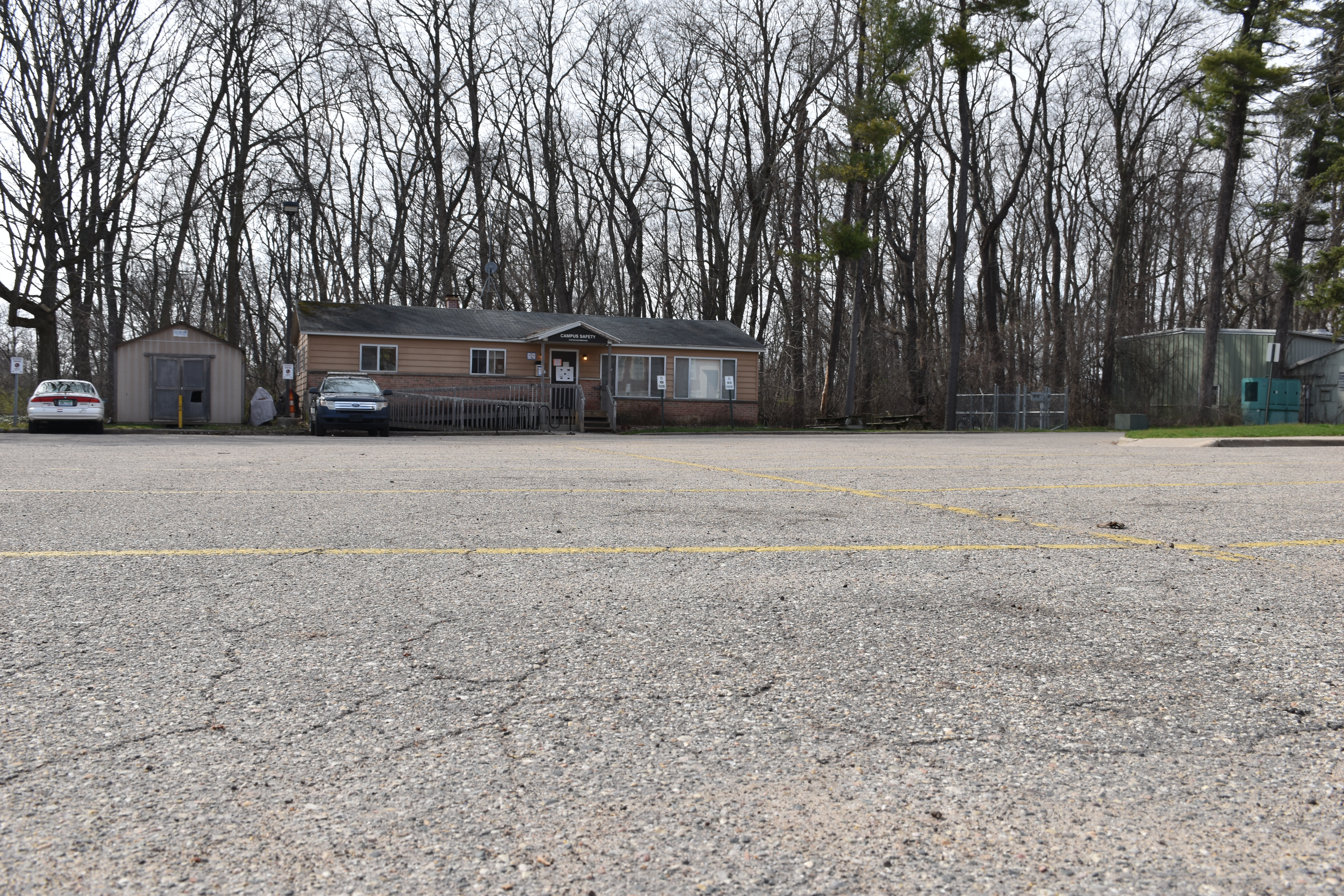 View of the empty parking lot in front of Campus Safety