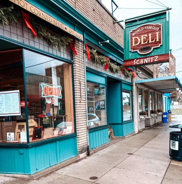 Schnitz's Deli from the outside-- a blue beacon on Fulton st.